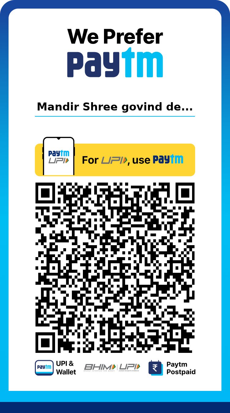 Paytm UPI QR code for donation to Mandir Shree Govind Dev Ji